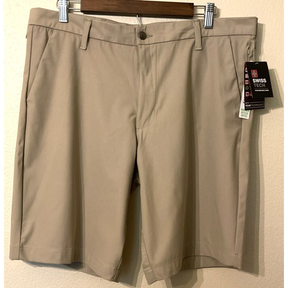 NWT Swiss Tech Men’s Performance Golf Shorts 36 Khaki Tan Flat Front Stretch